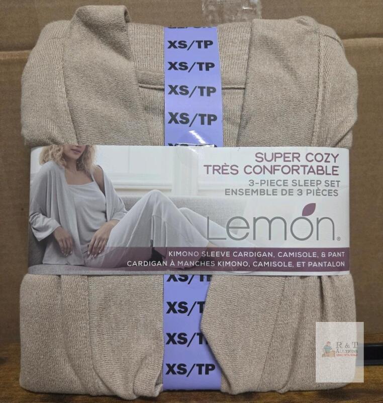 NEW Lemon 3-Piece Sleep Set XS Kimono Cardigan, Camisole & Pant Beige, Super Cozy, Costco 1953530