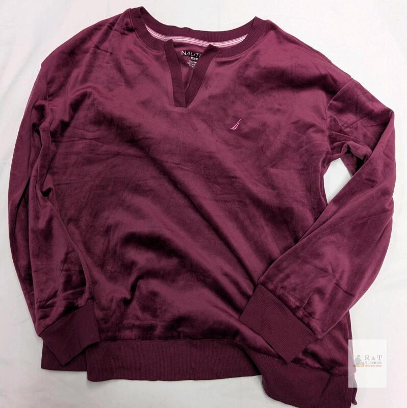 NEW Nautica Women's Burgundy Velour Split-Neck Pullover Sweatshirt, Medium, Long Sleeve, Cambodia