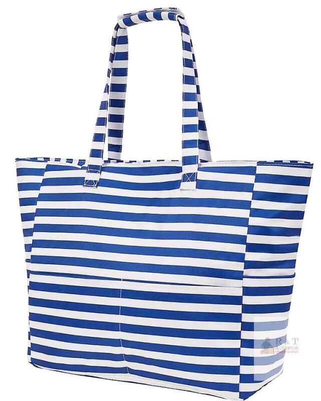 New Blue and White Strips Large Polyester Striped Beach Bag with Multiple Pockets