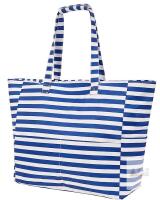 New Blue and White Strips Large Polyester Striped Beach Bag with Multiple Pockets