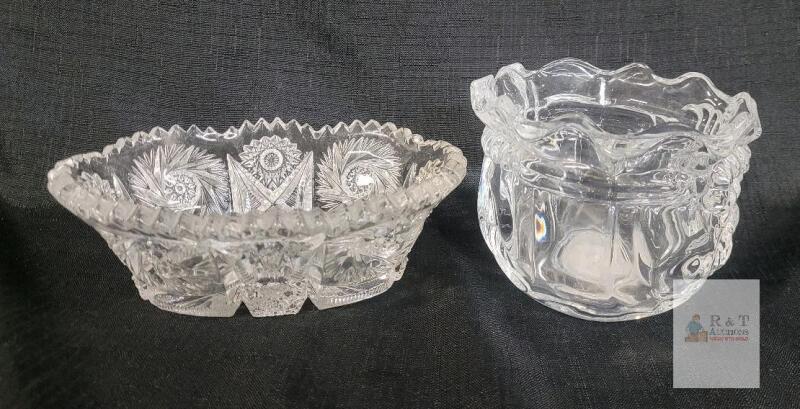Pressed Cut Glass Oval Bowl & Clear Glass Ruffled Rim Rose Bowl, 8" & 4.5", Decorative Pair