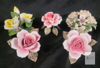 Capodimonte Porcelain & Silver Rose Figurines, Italy, Argento 1000, Set of 5 Floral Sculptures
