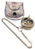 New Pocket Watch-Style Compass / Sundial Antique Finish Brass with Chain & Leather Belt Pouch. Compass measures 1 ⅞" diameter