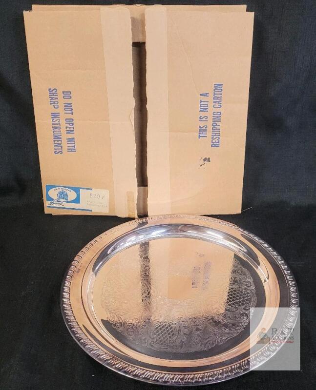 Leonard 12" Silver-Plated Serving Tray, Model 570B, USA, Ornate Etched Design, Original Box