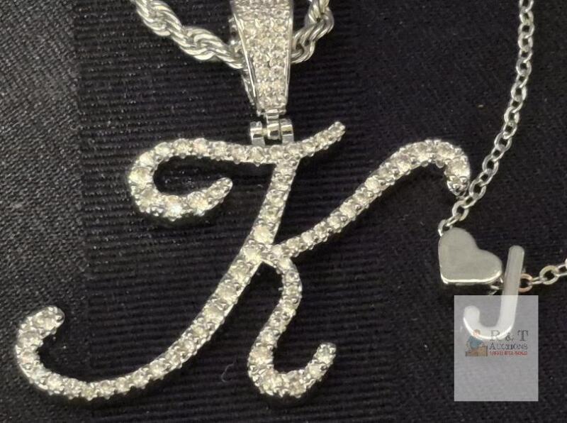 2 New Bling Initials "K" & "J" Pendant Necklaces 18" Long