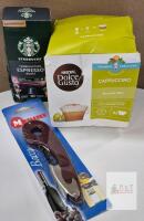 Starbucks Espresso Roast Nespresso Capsules (10), Dolce Gusto Cappuccino (8), Metaltex Corkscrew