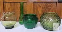 Set of 4 Vintage Green Glass Vases & Bowls &ndash; Diamond, Ribbed, Ruffled, Tall Swirl Designs