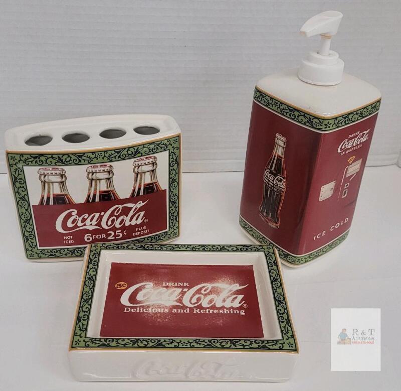 Vintage Coca-Cola 3 Piece Ceramic Bathroom Set &ndash; Soap Dispenser, Toothbrush Holder, Soap Dish