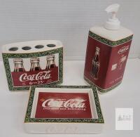 Vintage Coca-Cola 3 Piece Ceramic Bathroom Set &ndash; Soap Dispenser, Toothbrush Holder, Soap Dish