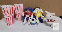 M&M&rsquo;s Red & Yellow 3D Movie Figurine Set, Killer Rabbit Plush, 2 Popcorn Containers Lot