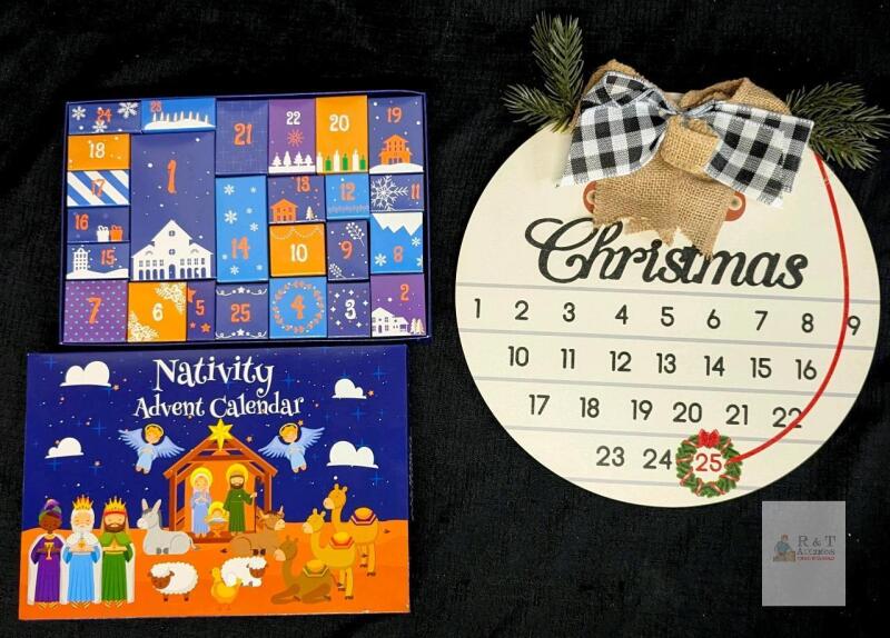 Nativity Advent Calendar with Figurines and Christmas Countdown Wooden Disk 12" Farmhouse Decor