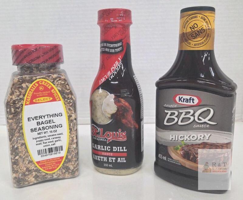 best before 2025-2026. Kraft Hickory BBQ, St. Louis Garlic Dill 350mL & Everything Bagel Seasoning 15oz Food Set