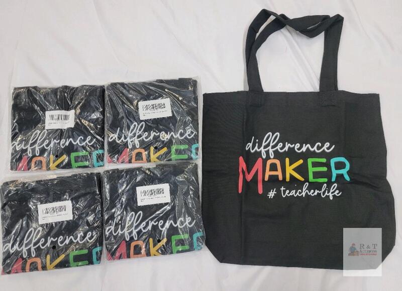 5 NEW CARAKNOTS Teacher Appreciation Black Canvas Tote Bags, "Difference Maker" Print, 15"x16"x4.7"