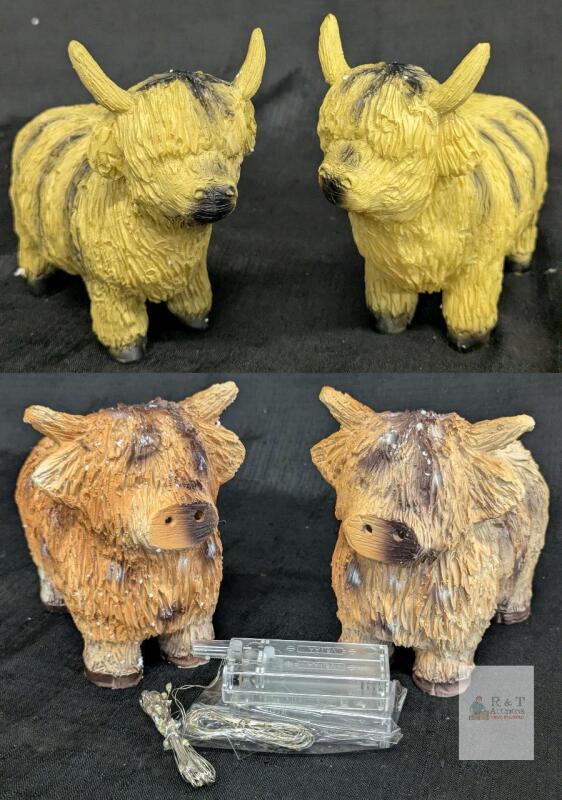 4 NEW Highland Cow Resin Battery String Light Figurines Set of 4 &ndash; 4.5" Tall, LED, Mixed Colors