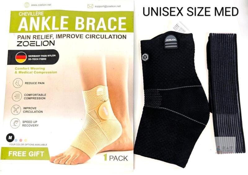 NEW Zoelion PRO-8006 Ankle Brace Compression Sleeve, Medium, Black, Unisex, Removable Strap