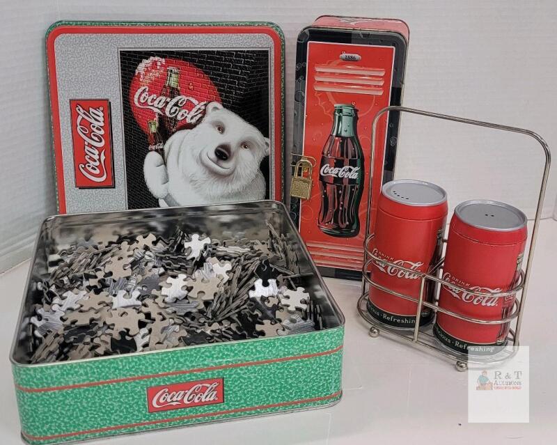 Coca-Cola Polar Bear Puzzle Tin, Soda Can Salt & Pepper Shaker Set, Locker Tin Collectible Lot