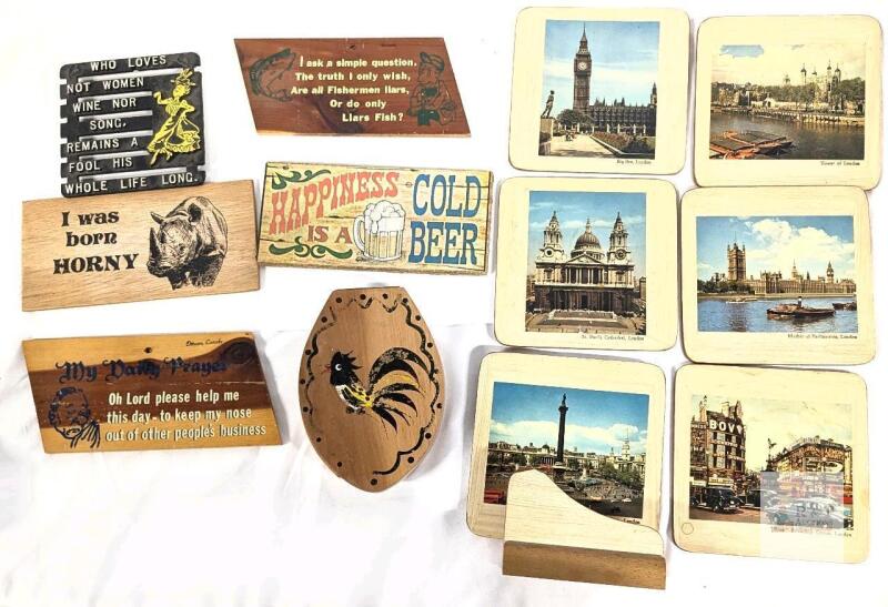 Mixed Vintage Decor Lot Vintage London Landmarks Pimpernel Coasters Set, Humor Wooden Wall Plaques, Framed Rose Needlepoint