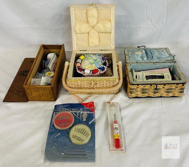 Vintage Sewing Box Lot &ndash; 2 Wicker Baskets, Alberta Springs Wood Caddy, Thread, Notions, Cat Motif