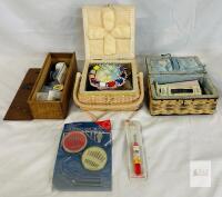 Vintage Sewing Box Lot &ndash; 2 Wicker Baskets, Alberta Springs Wood Caddy, Thread, Notions, Cat Motif
