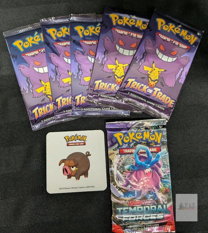 Pokemon TCG Sealed Booster Pack Lot &ndash; 6 Trick or Trade (2023), 1 Scarlet & Violet Temporal Forces (2024), Lechonk Promo