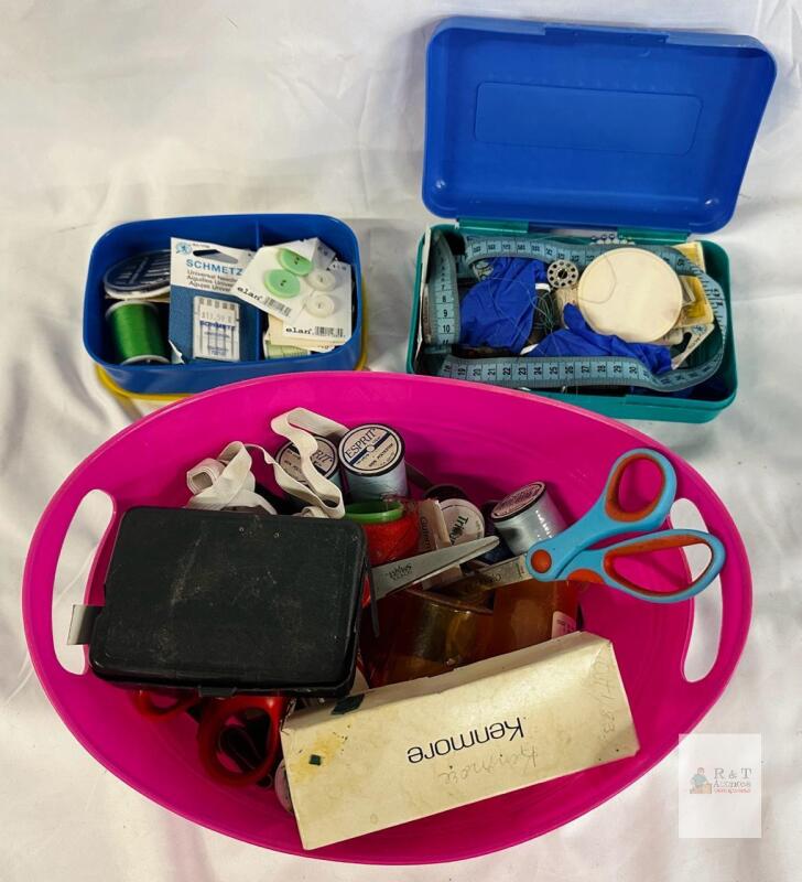 Large Mixed Sewing Supplies Lot &ndash; Schmetz Needles, Esprit Thread, Buttons, Scissors, Tools, Storage
