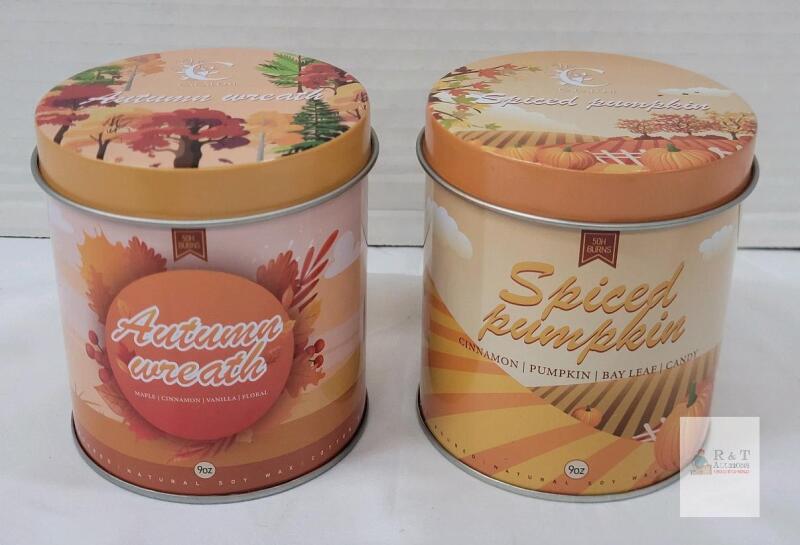 2 NEW Autumn Wreath & Spiced Pumpkin 9oz Soy Wax Candles Set, Decorative Tin, New