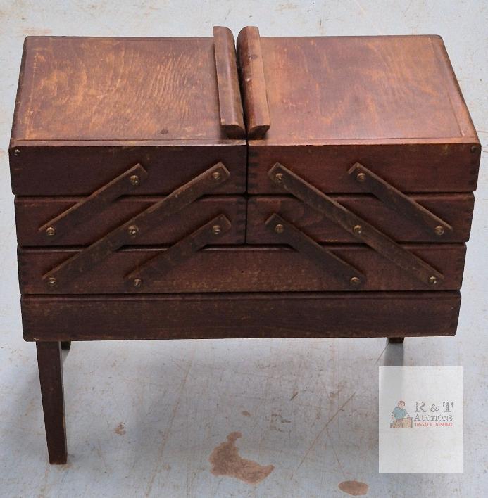 Vintage Wooden Cantilever Sewing Box on Legs, 18.5"x9.5"x19.5", 7 Compartments, Mid-Century- FAIR TO POOR CONDITION
