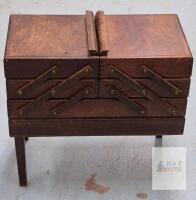 Vintage Wooden Cantilever Sewing Box on Legs, 18.5"x9.5"x19.5", 7 Compartments, Mid-Century- FAIR TO POOR CONDITION