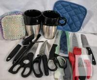 Assorted Kitchen Utensils Lot: Knives, Scissors, One World Mugs, Pot Holders, Brushes & More