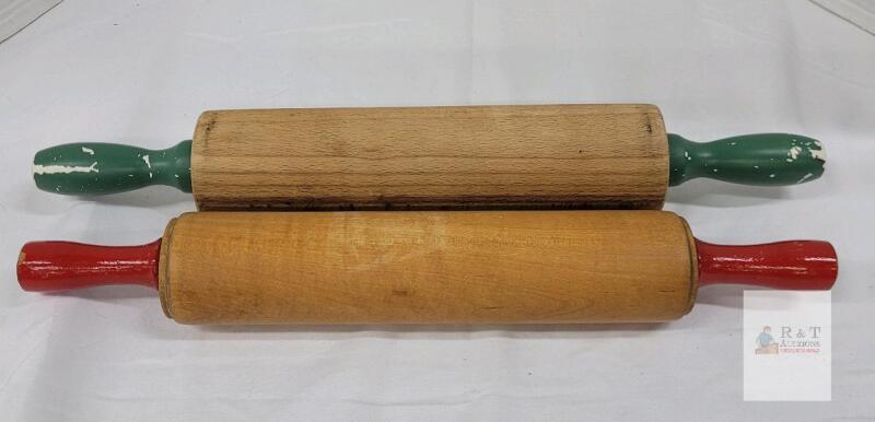 Vintage Wooden Rolling Pins with Red & Green Handles, 17" Length, 1940s-60s, USA, Maple/Beech