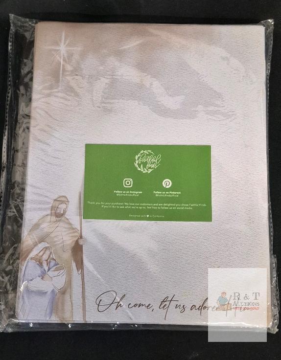 Faithful Finds Nativity Scene Christmas Tablecloth 60x84 in, Polyester, "Oh come, let us adore Him"