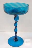 Blue Art Glass Goblet with Twisted Stem, 10" Tall, Handblown Decorative Chalice