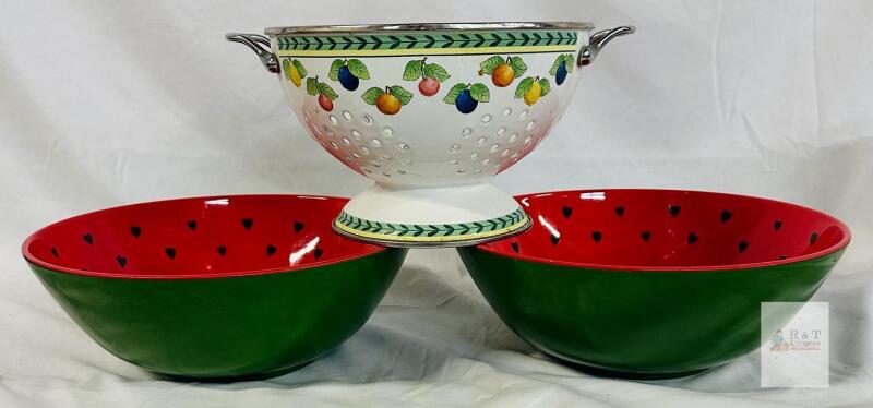 Colorful Enamelware Kitchen Set: 2 Watermelon Mixing Bowls (11.25") & Fruit Colander (9.5", Handles)