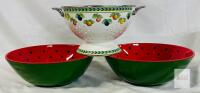 Colorful Enamelware Kitchen Set: 2 Watermelon Mixing Bowls (11.25") & Fruit Colander (9.5", Handles)