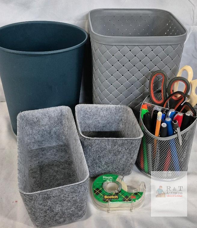 Assorted Office Organizer Lot: Wastebaskets, Felt Storage Bins, Pen Holder, Scissors, Tape, Pens