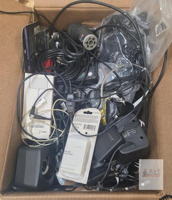 Large Box Assorted Electronic Cables, Power Strips, Rotary Tool, Headphones, Adapters, Remote