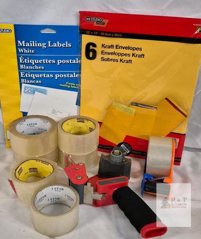 Scotch & 3 STAR Packing Tape Lot with 2 Dispensers, Mailing Labels, 10"x13" Kraft Envelopes