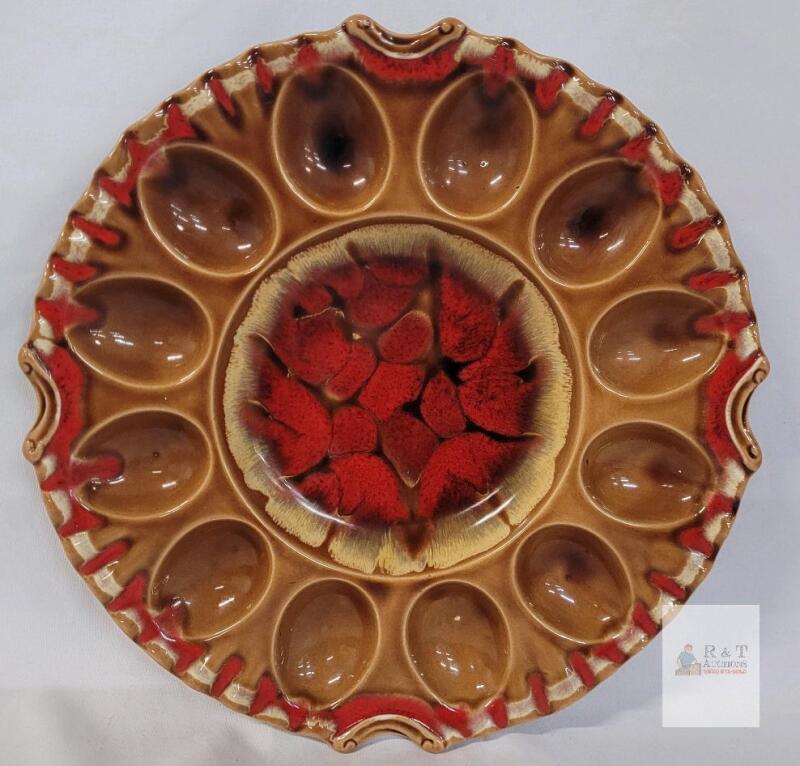 Vintage Japan Ceramic Deviled Egg Plate &ndash; 12 Egg Wells, Center Well, 12" Drip Glaze, Brown/Red