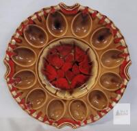Vintage Japan Ceramic Deviled Egg Plate &ndash; 12 Egg Wells, Center Well, 12" Drip Glaze, Brown/Red