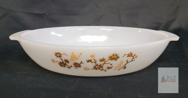 Termo-Rey 35 Oval Glass Casserole Dish, Gold Floral Butterfly, 13" Vintage Mexico Opalware