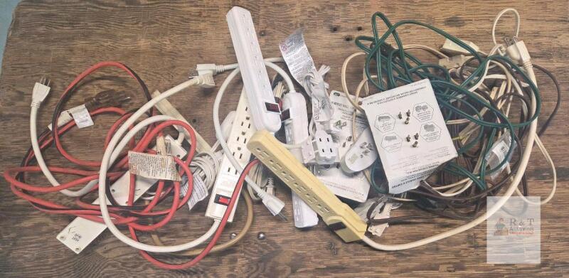 Bulk Lot of Extension Cords, Power Strips, Adapters, Mixed Brands, 10+ Pieces, 10 ft Lengths