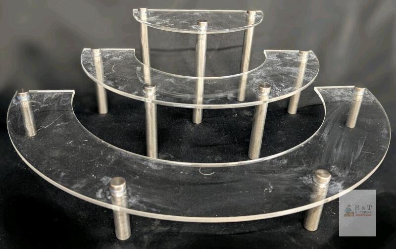 Three-Tier Acrylic Semi-Circular Display Stand, 20"x12"x8.5", Stainless Steel Supports