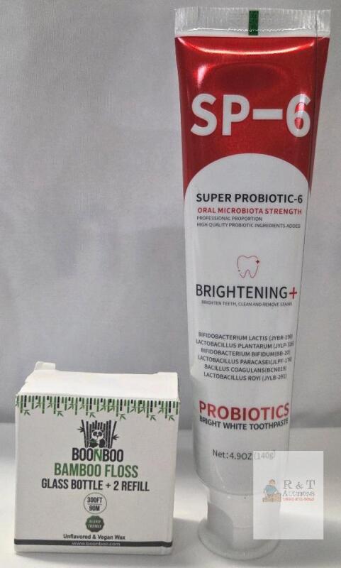 SP-6 Probiotic Brightening Toothpaste 4.9oz with Boonboo Bamboo Floss, Glass Bottle & Refills