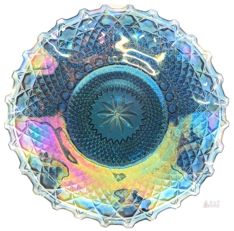 Blue Iridescent Carnival Glass Bowl, Imperial Style, 10&rdquo; Ruffled Edge, Diamond Lace Pattern