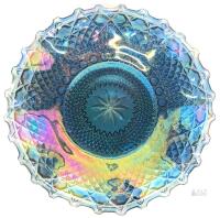 Blue Iridescent Carnival Glass Bowl, Imperial Style, 10&rdquo; Ruffled Edge, Diamond Lace Pattern