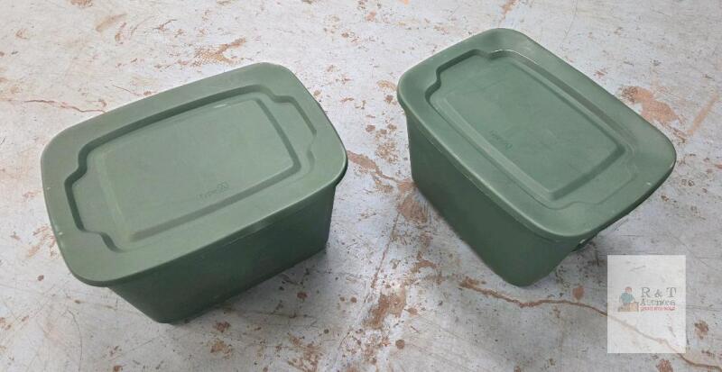 Olive Green Type A Plastic Storage Tote Bins with Lids, 18 Gallon, Set of 2 PREOWNED- GOOD CONDITION