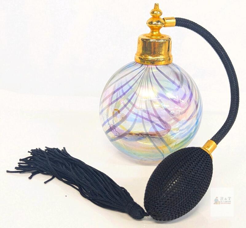 Iridescent Swirl Glass Perfume Atomizer Bottle with Gold Top & Black Bulb Tassel, 4.75"