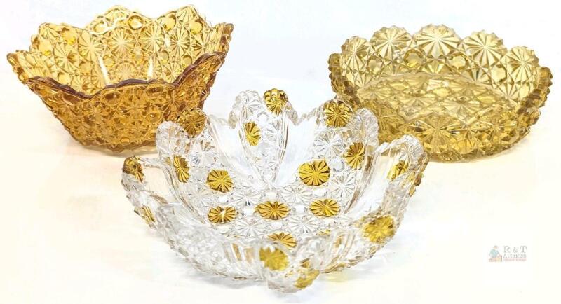 Set of 3 Pressed Glass Bowls, Daisy & Button Pattern, Amber & Clear/Yellow, 7.5-Inch Scalloped Edge SEE DESC