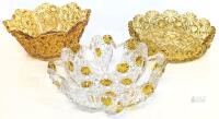 Set of 3 Pressed Glass Bowls, Daisy & Button Pattern, Amber & Clear/Yellow, 7.5-Inch Scalloped Edge SEE DESC