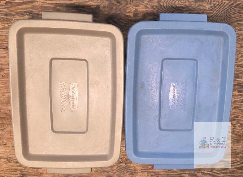 Rubbermaid Roughneck 10 Gallon Storage Boxes with Lids, Blue & Beige, 23.88"x15.88"x7.13", Set of 2